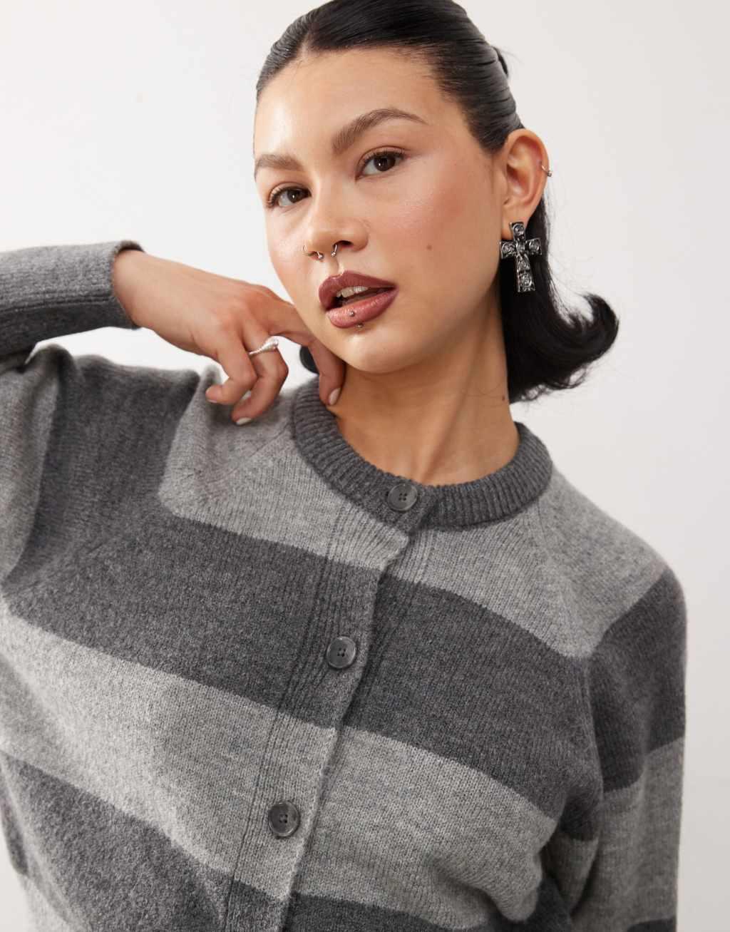COLLUSION striped knitted cardigan in gray Product Image