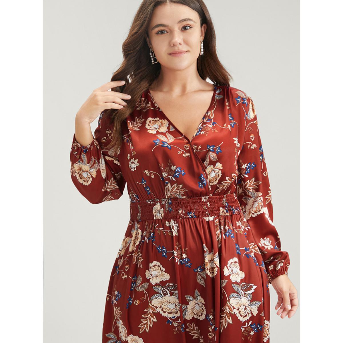 Plus Size Floral Pocket Lantern Sleeve Split Ruffle Shirred Wrap Dress Red Women Elegant Pocket V-neck Long Sleeve Curvy Long Dress BloomChic 14-16/1X Product Image