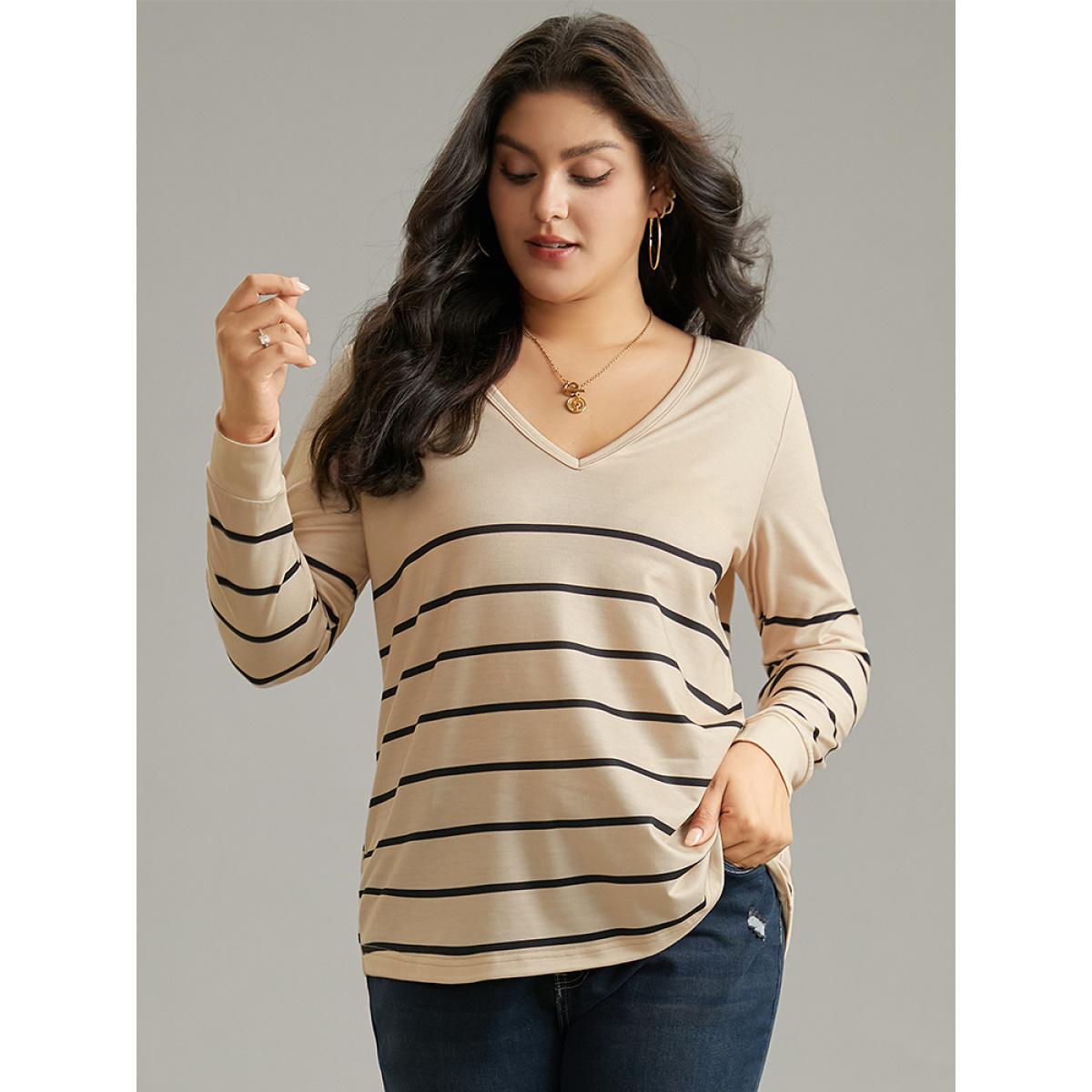 Plus Size Striped Print V Neck T-Shirt Tan Women Casual Printed Striped V-neck Dailywear T-shirts BloomChic 22-24/3X Product Image