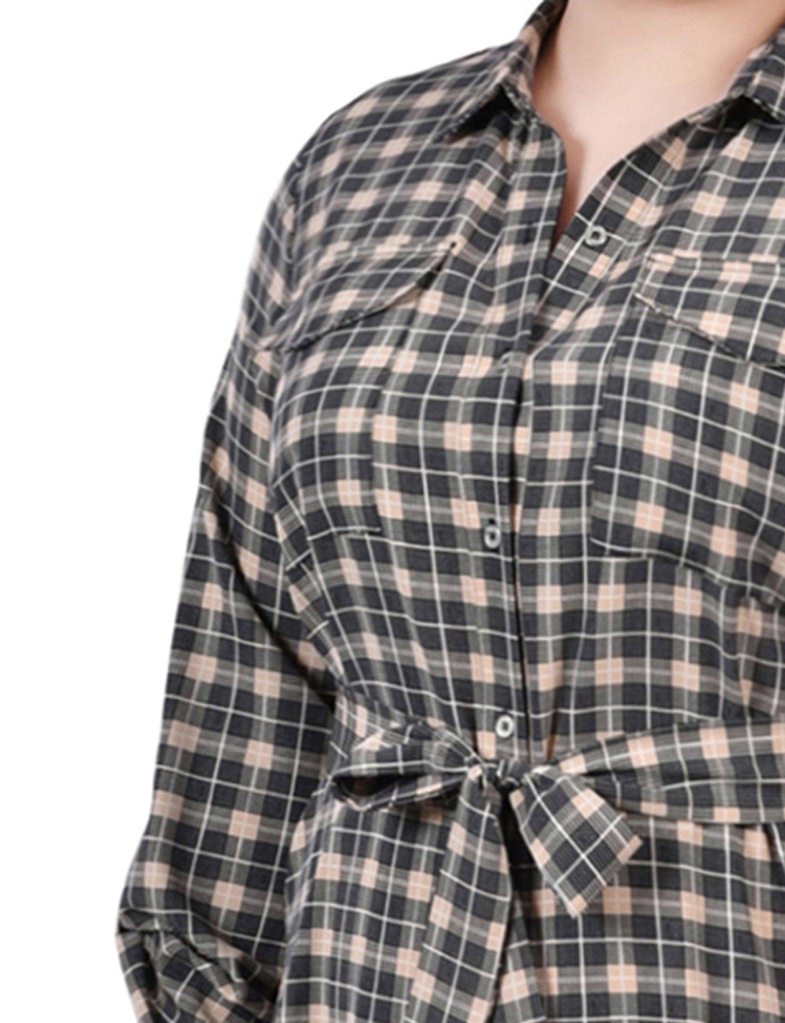 Beige Jet Benplaid 3/4 Roll Tab Sleeve Belted Shirtdress - Plus Product Image