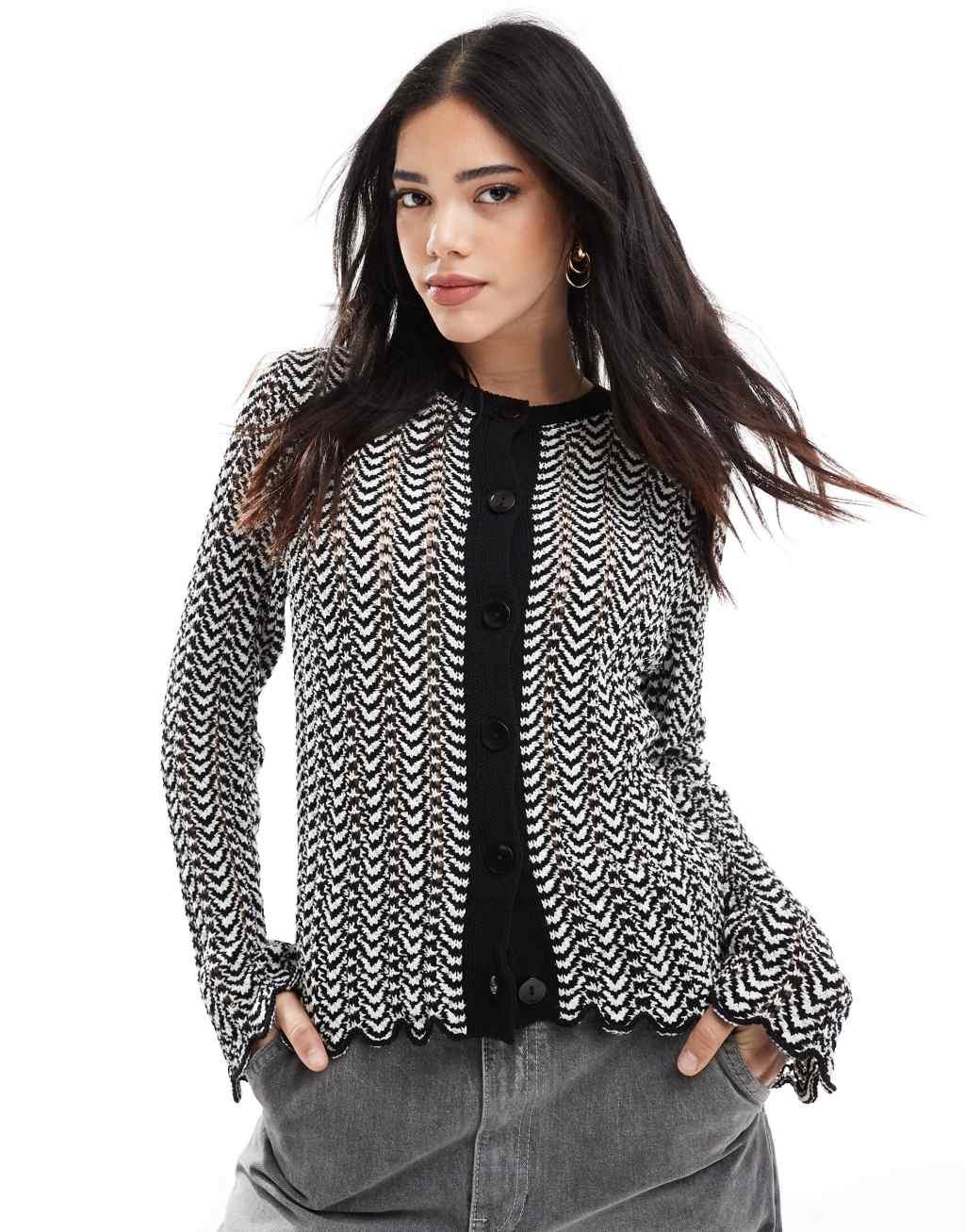 ASOS DESIGN knit cardigan in contrast crochet stitch in black and white Product Image