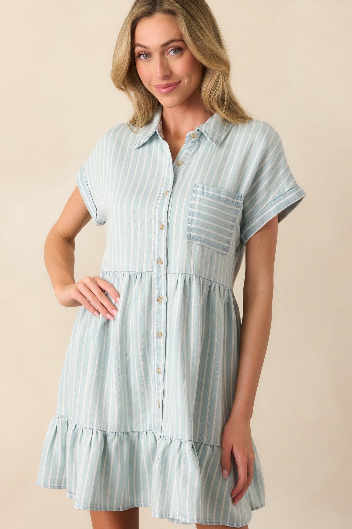 Whispering Waves Chambray Stripe Short Sleeve Mini Dress Product Image
