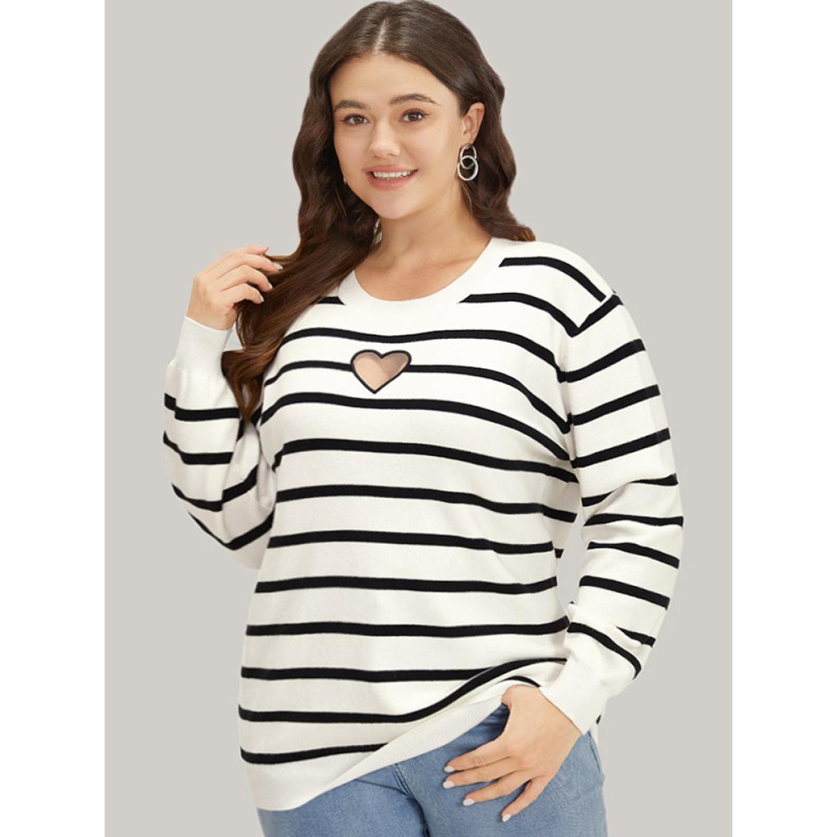 Plus Size Supersoft Essentials Striped Heart Keyhole Mesh Pullover Ivory Women Casual Loose Long Sleeve Round Neck Dailywear Pullovers BloomChic 26/4X Product Image