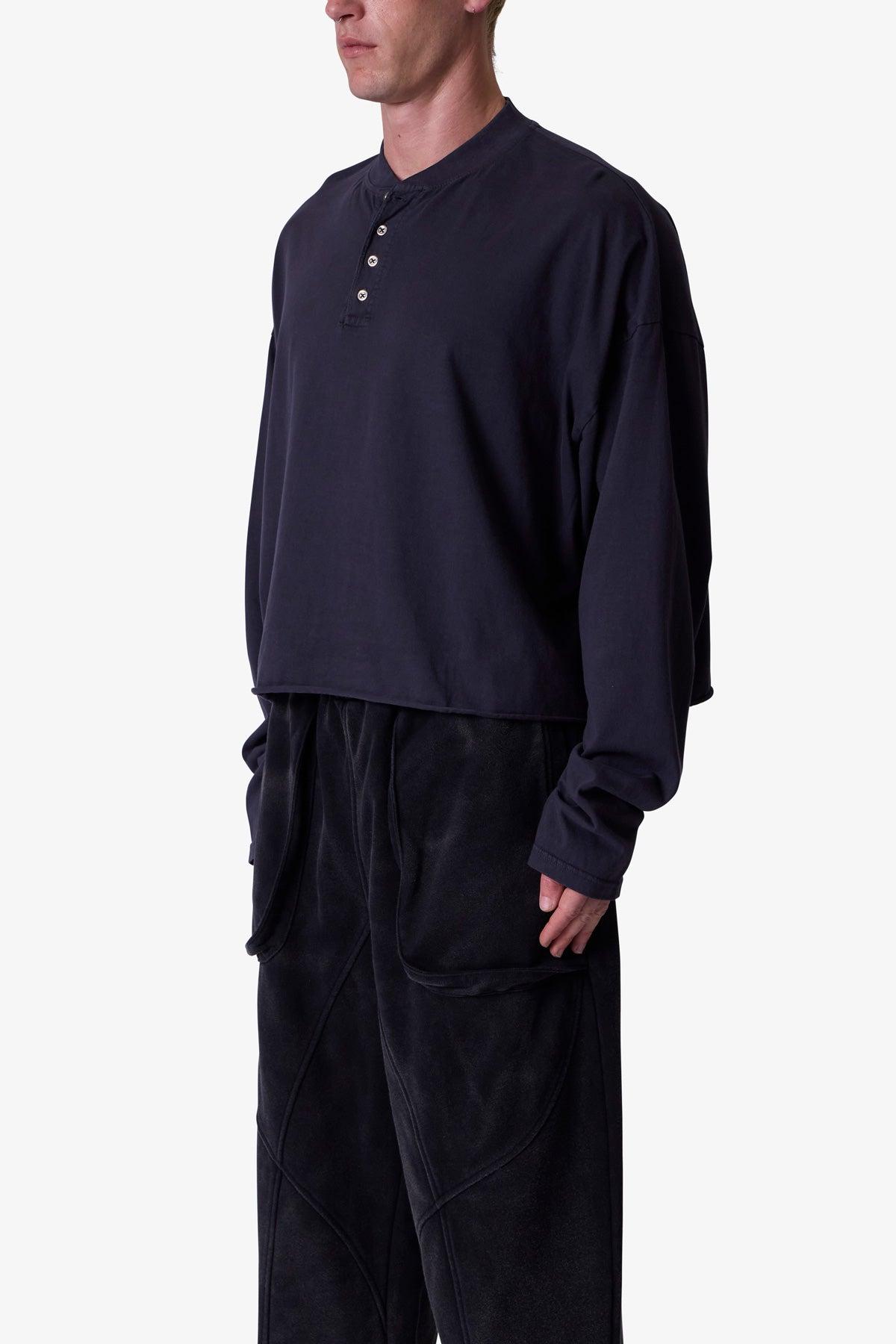 Button Fastened Oversized L/S Tee - Washed Black Product Image