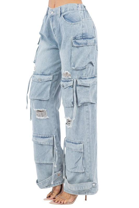 WOMEN CARGO STYLE DENIM PANTS Product Image