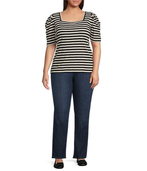 Lauren Ralph Lauren Plus Size Cotton Jersey Striped Square Neck Puff Sleeve Tee Product Image