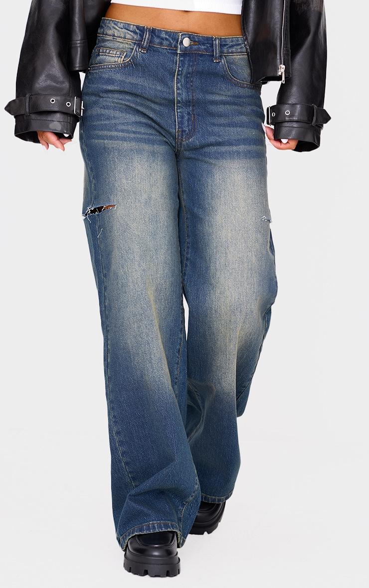 Vintage Wash Thigh Split Detail Wide Leg Jeans Product Image