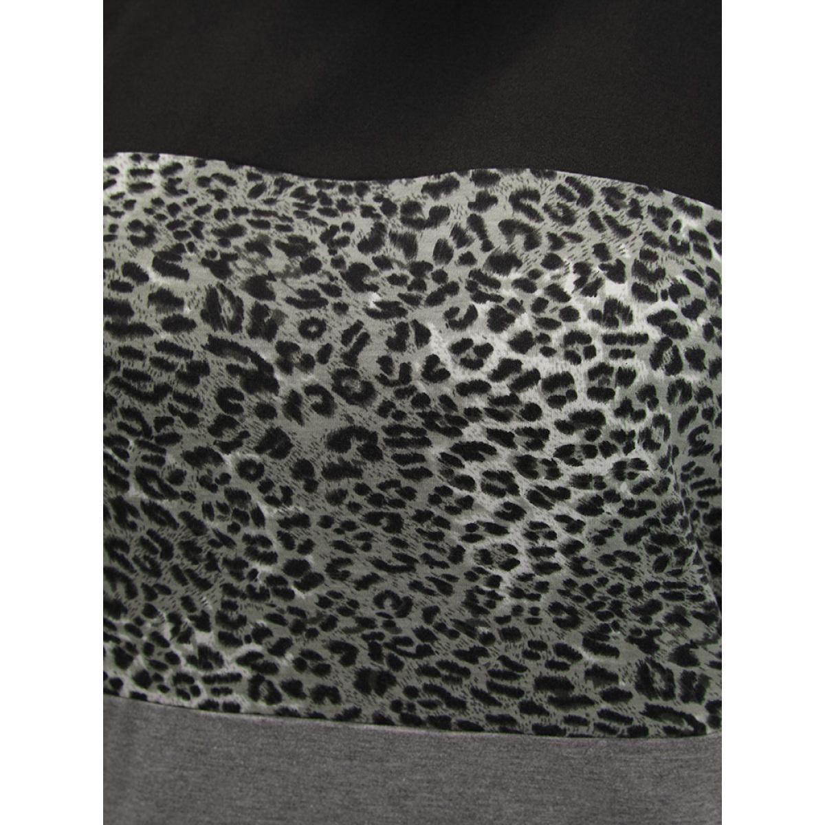 Plus Size Leopard Contrast Drop Shoulder Sweatshirt Women DimGray Casual Patchwork Round Neck Dailywear Sweatshirts BloomChic 10/M Product Image