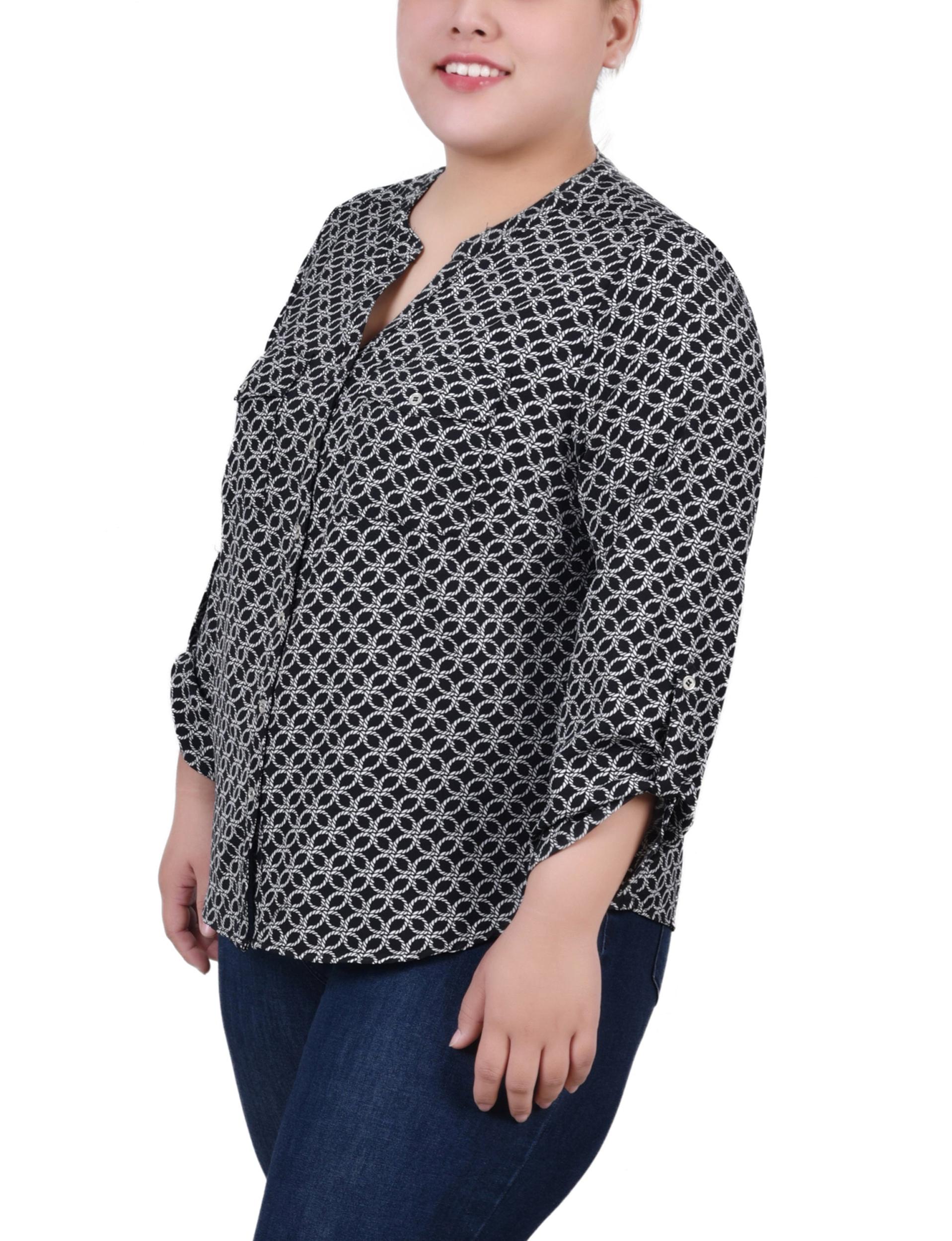 Black White Rope Iconic 3/4 Roll Tab Sleeve Mandarin Collar Blouse - Plus Size Product Image