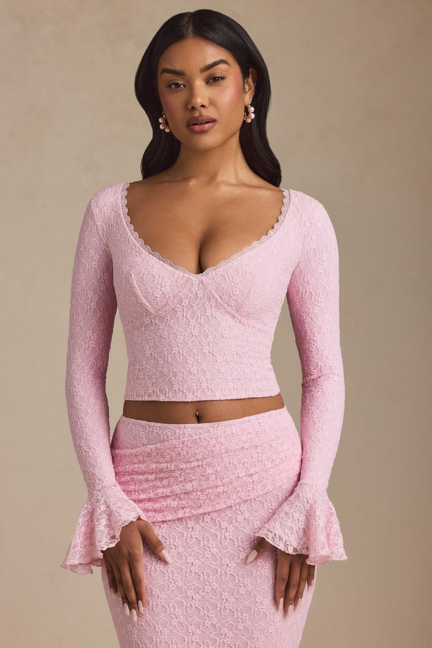 Ruffle Long-Sleeve Lace Top in Soft Pink Product Image