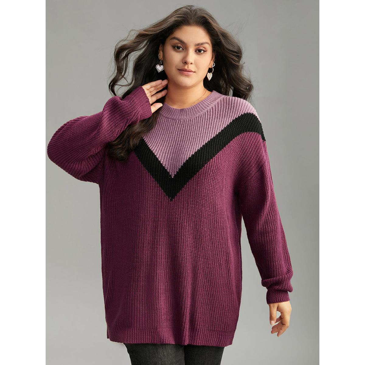 Plus Size Colorblock Contrast Drop Shoulder Loose Pullover Multicolor Women Casual Loose Long Sleeve Round Neck Dailywear Pullovers BloomChic 28/5X Product Image