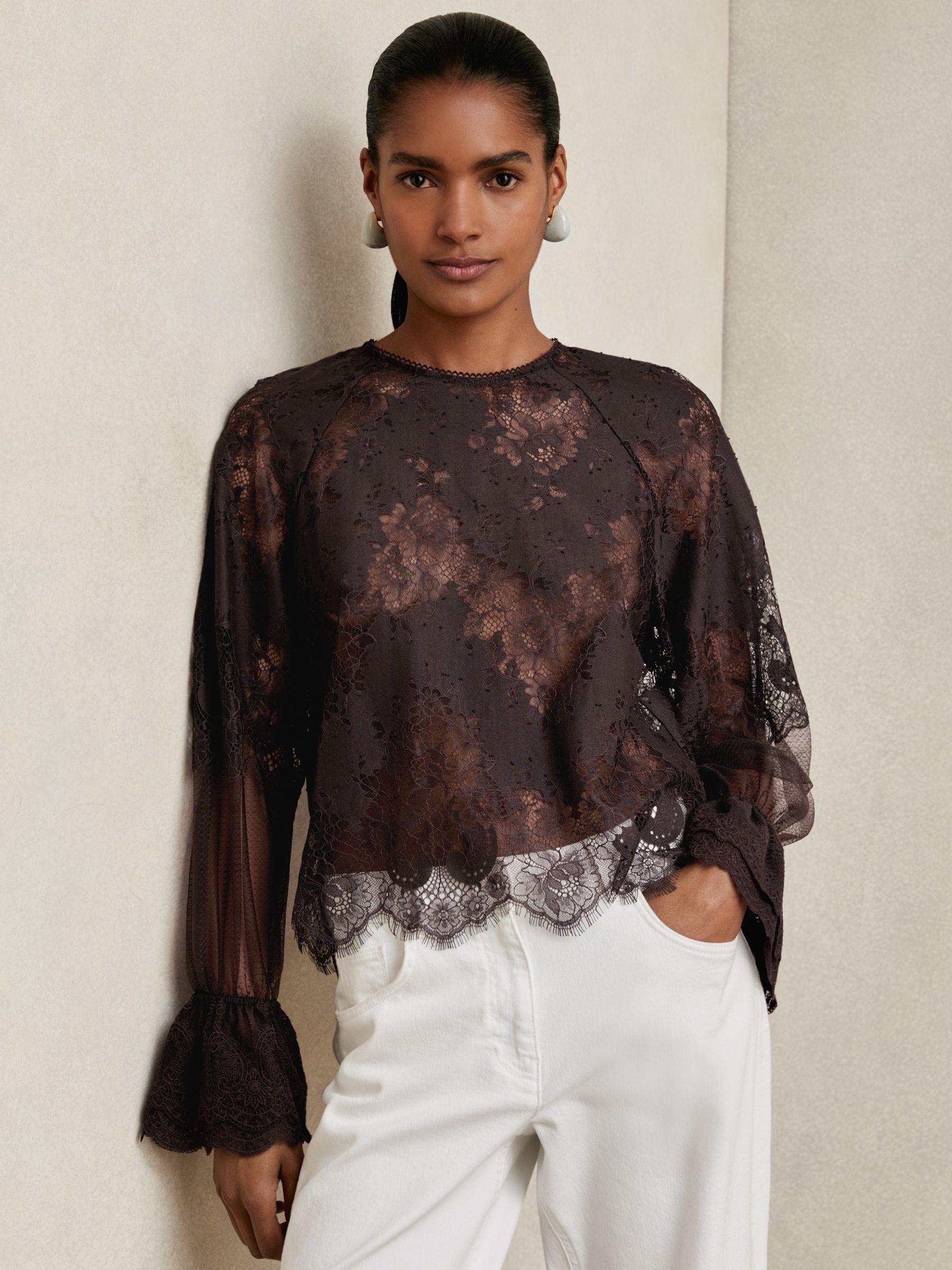 Lace Flared Cuff Blouse in Chocolate Brown Product Image