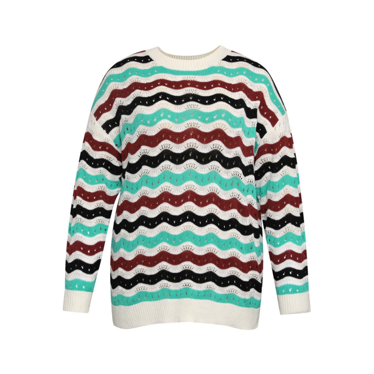 Plus Size Contrast Water Ripple Cut Out Elastic Cuffs Pullover Multicolor Women Casual Loose Long Sleeve Round Neck Dailywear Pullovers BloomChic 12/L Product Image