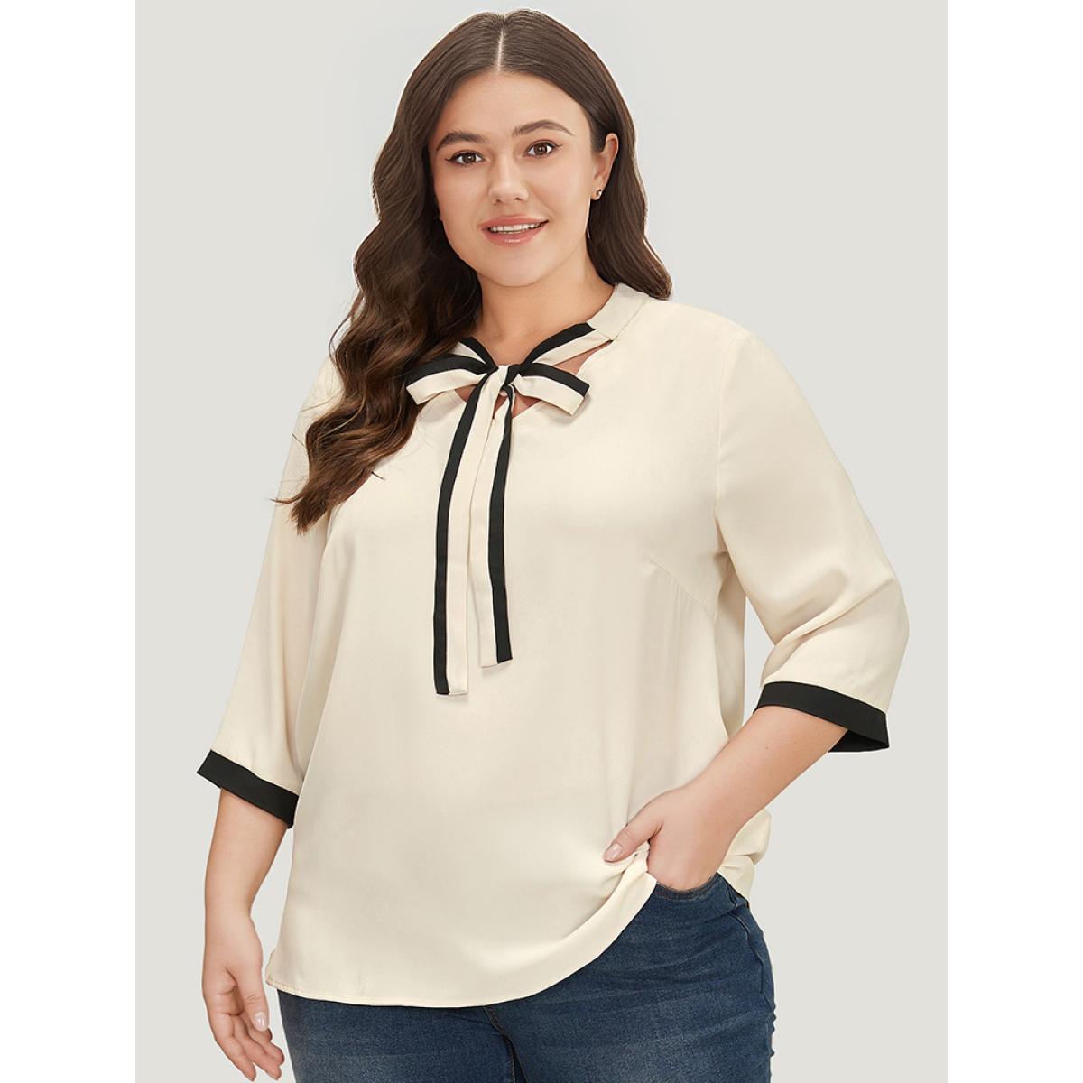 Plus Size Ivory Contrast Trim Knot Neck Blouse Women Office Elbow-length sleeve Tie Neck Work Blouses BloomChic 22-24/3X Product Image