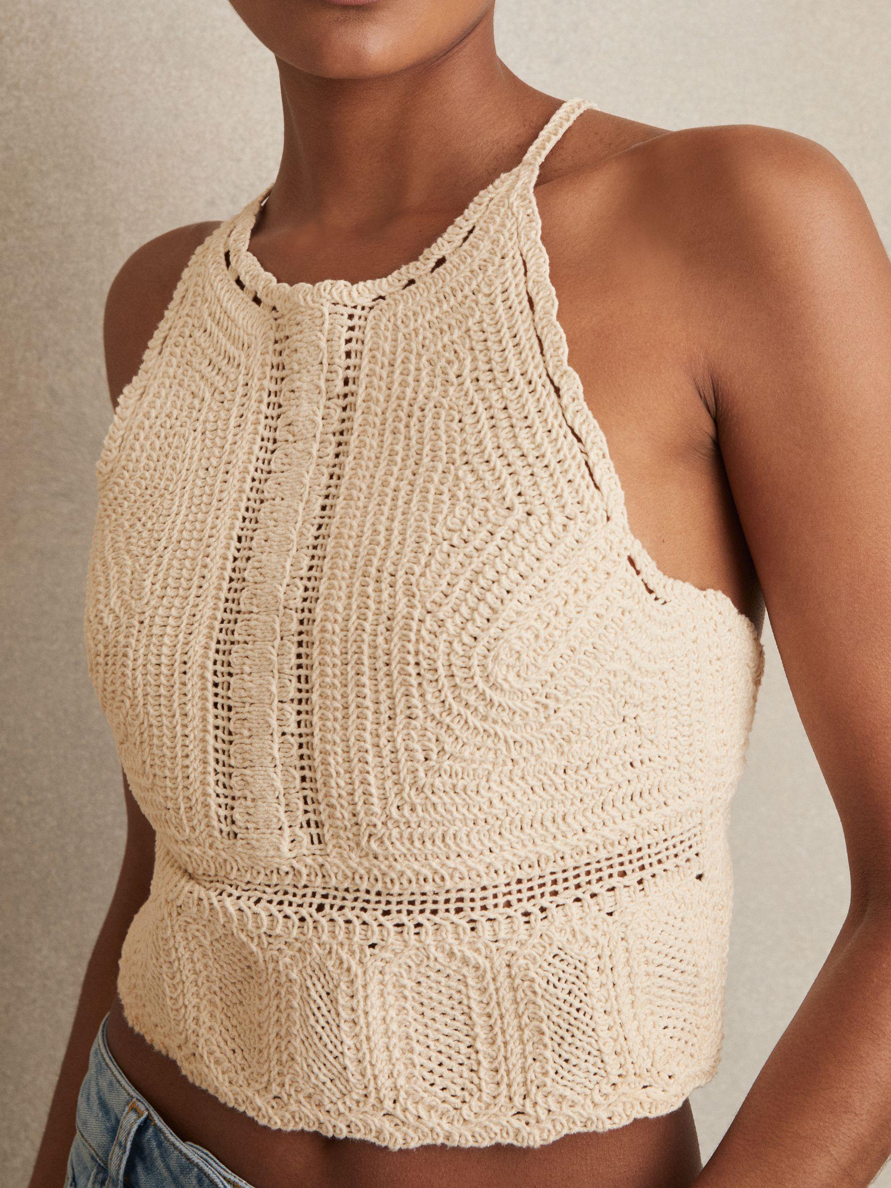 Cotton Crochet Tie-Back Cropped Top in Cream Product Image