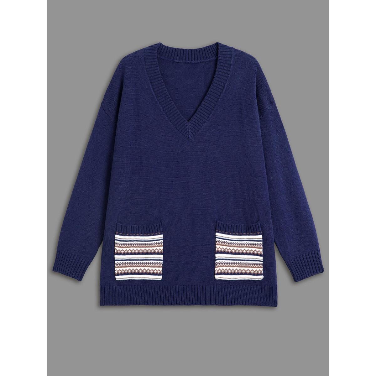 Plus Size Striped Jacquard Patched Pocket Pullover Indigo Women Casual Loose Long Sleeve V-neck Everyday Pullovers BloomChic 12/L Product Image