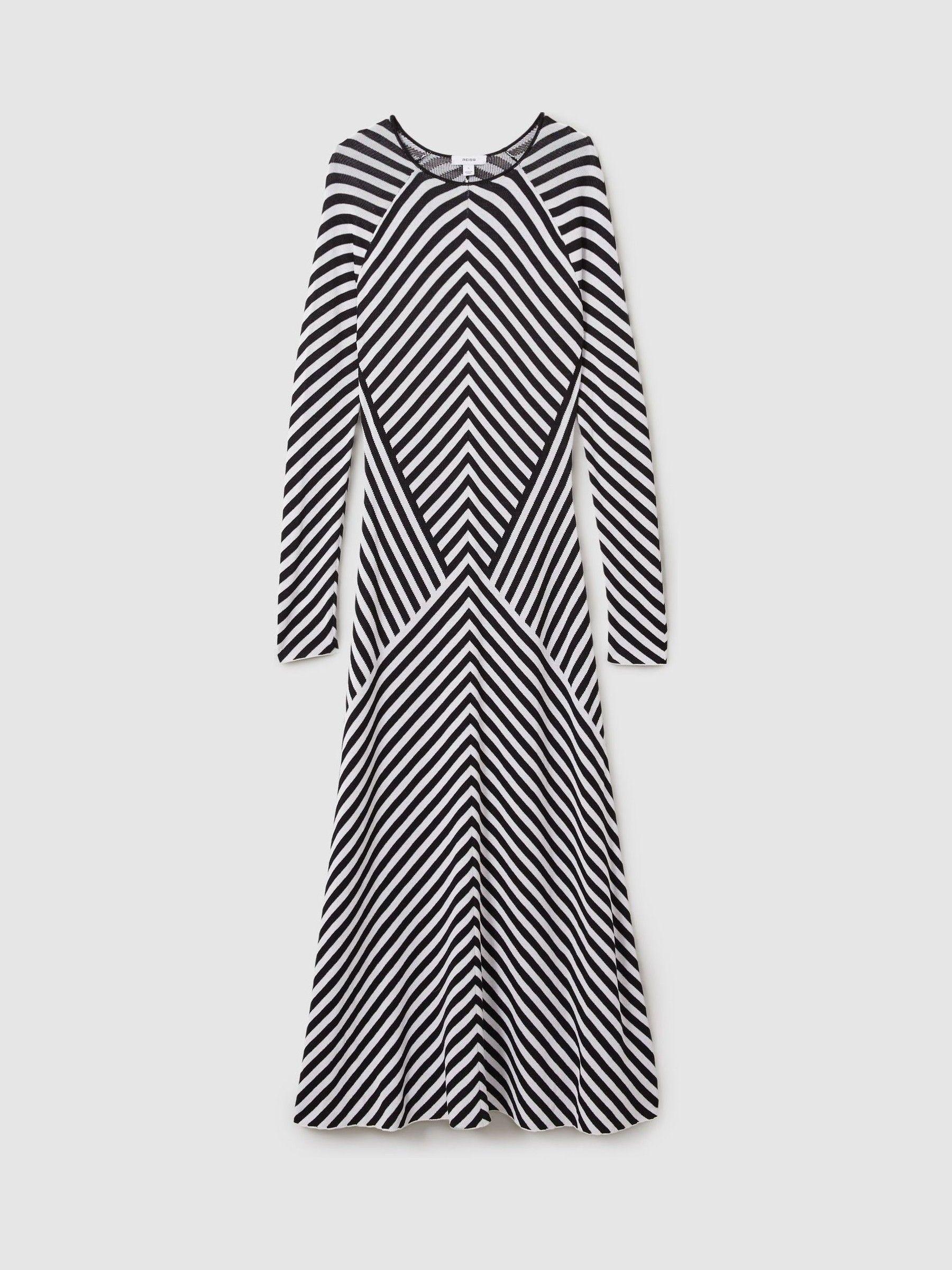 Knitted Striped Midi Dress in Black/Ivory Product Image