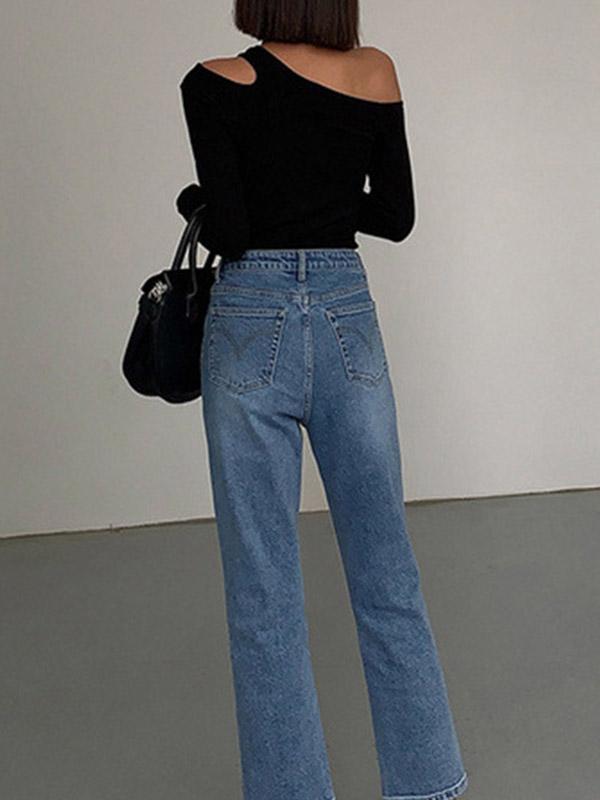 Long Sleeves Skinny Asymmetric Hollow Solid Color Split-Joint One-shoulder T-shirts Product Image