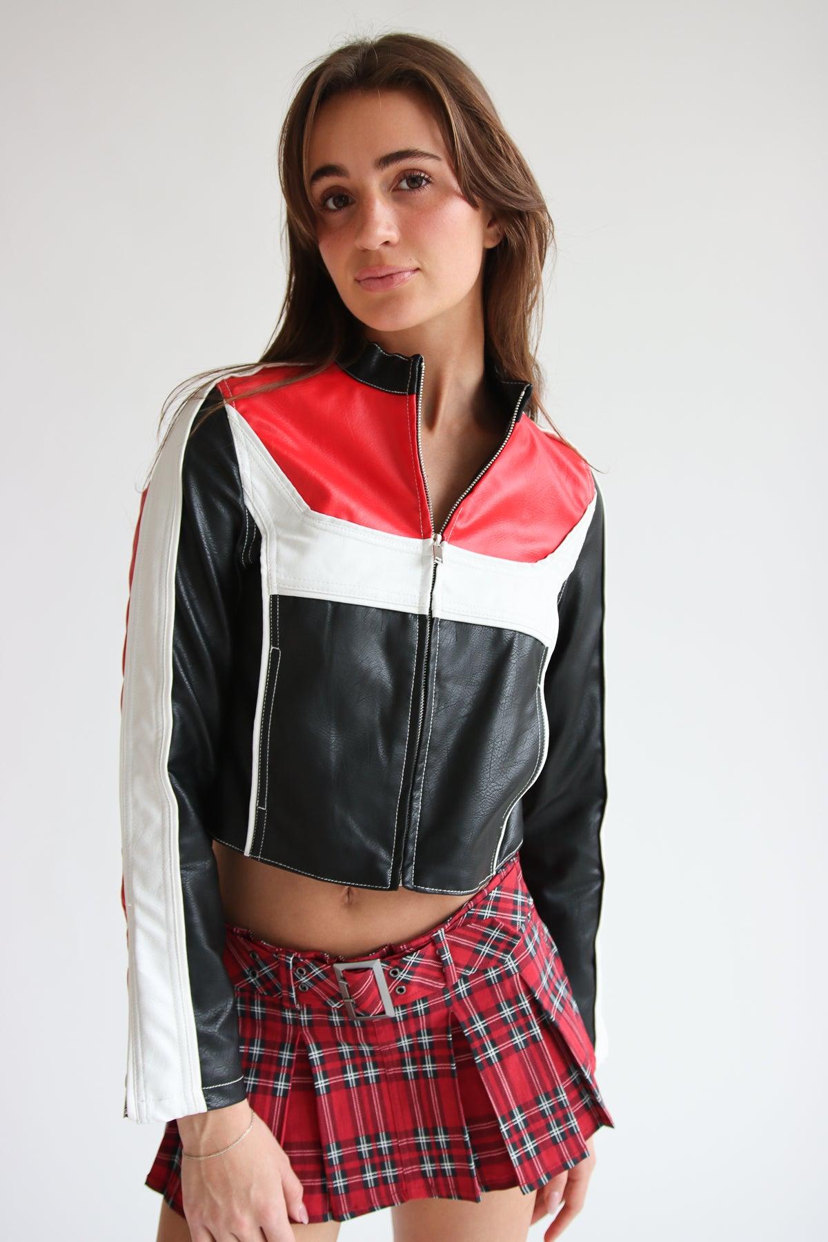 Red & Black Pleather Moto Jacket Product Image