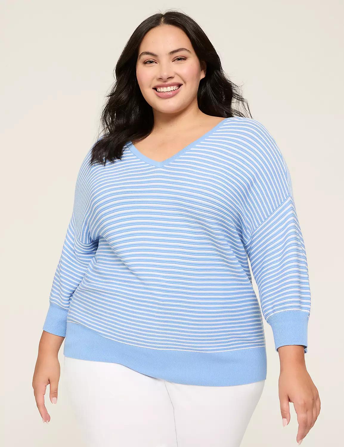 3/4-Sleeve V-Neck Striped Sweater Product Image