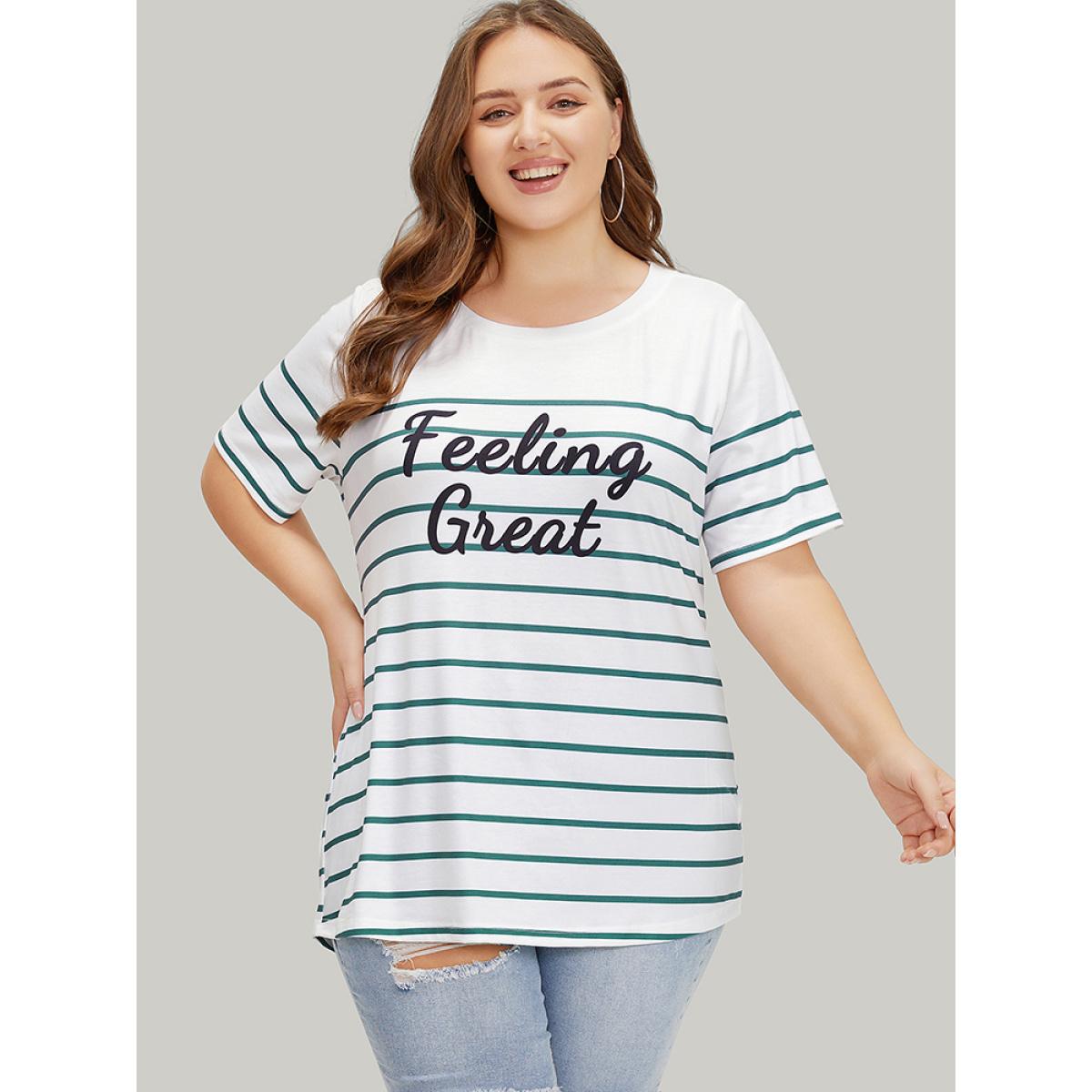 Plus Size Striped & Slogans Print Crew Neck T-shirt White Women Casual Positive slogan Dailywear T-shirts BloomChic 28/5X Product Image