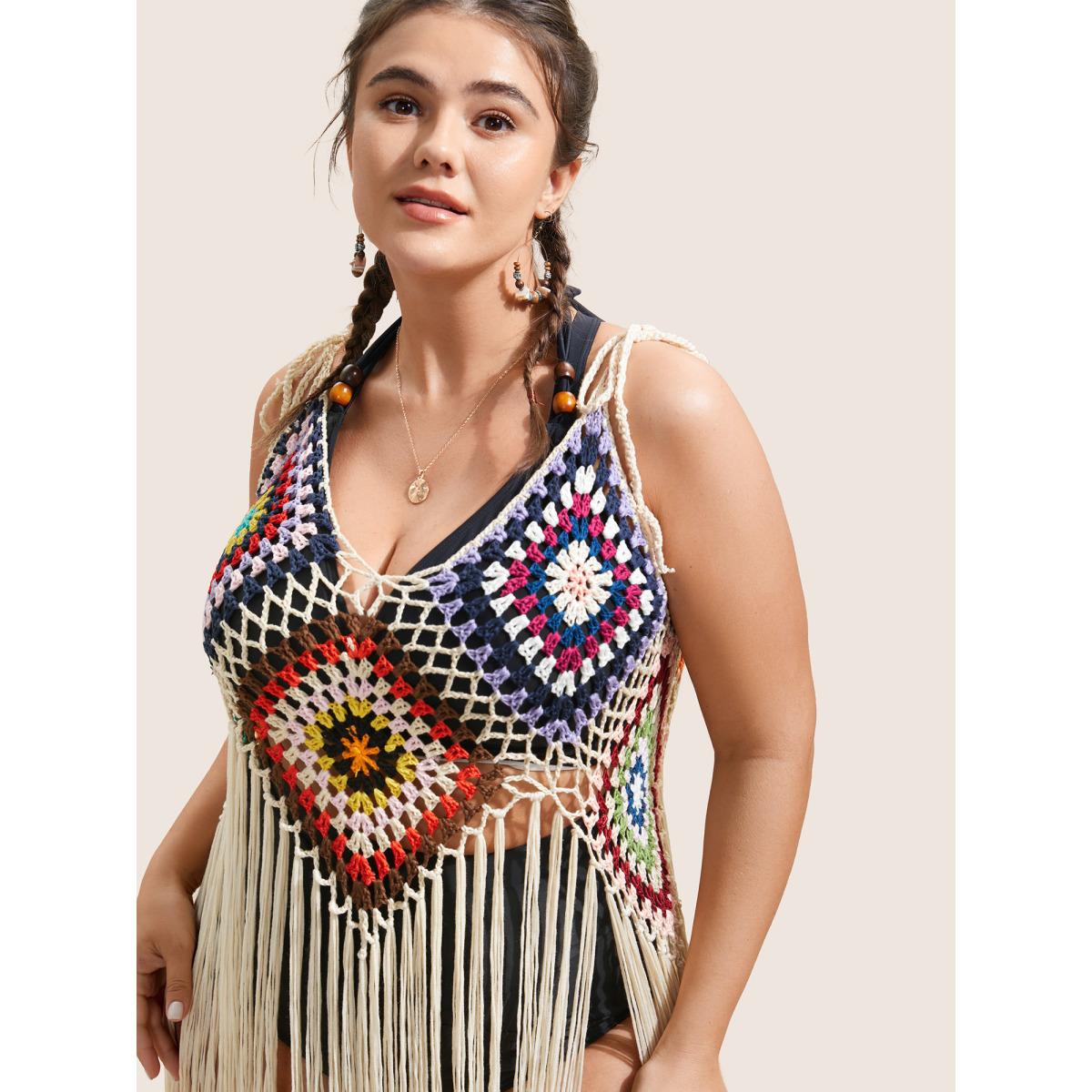 Plus Size Geometric Crochet Fringe Hem Swim Cover Up Women's Swimwear Apricot Beach Texture Curve Swim Cover Ups BloomChic 12/L Product Image