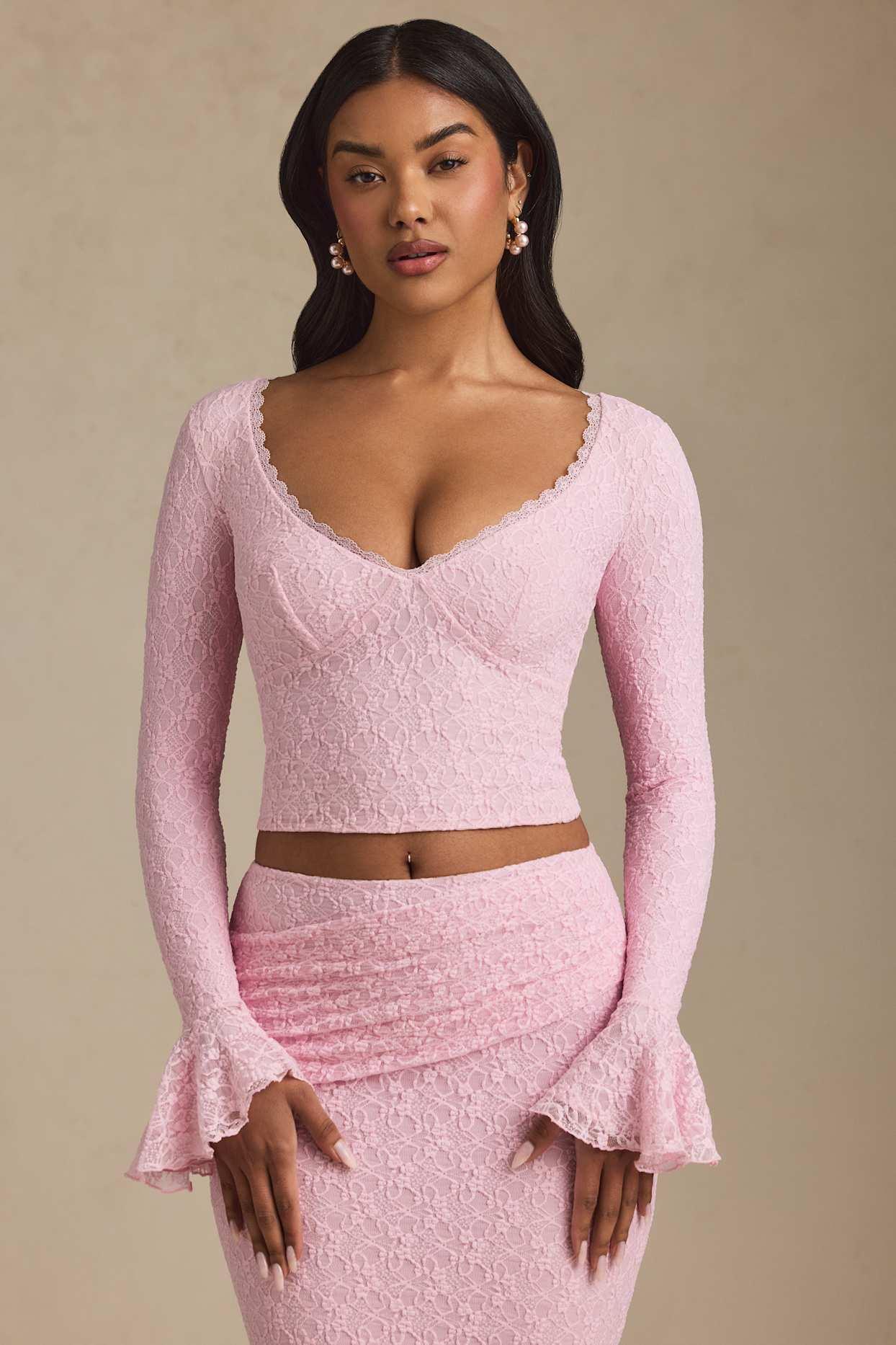 Ruffle Long-Sleeve Lace Top in Soft Pink Product Image