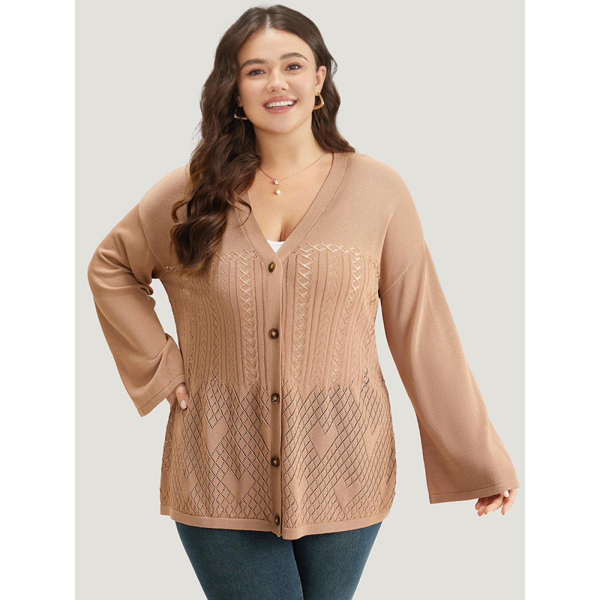 Plus Size Geometric Hollow Out Button Up Cardigan Tan Women Casual Loose Long Sleeve Everyday Cardigans BloomChic 18-20/2X Product Image
