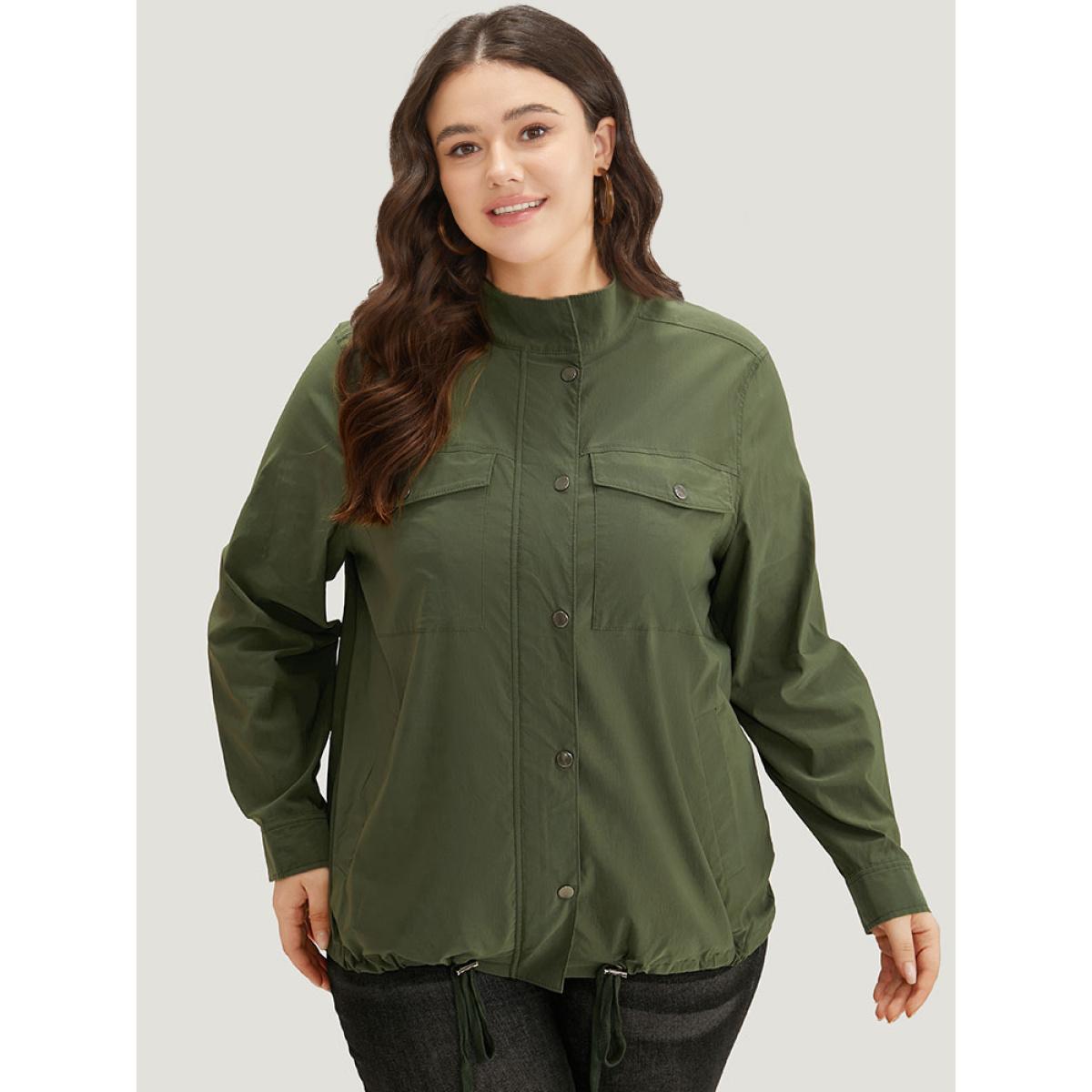 Plus Size Plain Drawstring Hem Zipper Fly Flap Pocket Jacket Women Sage Plain Pocket Everyday Jackets BloomChic 12/L Product Image