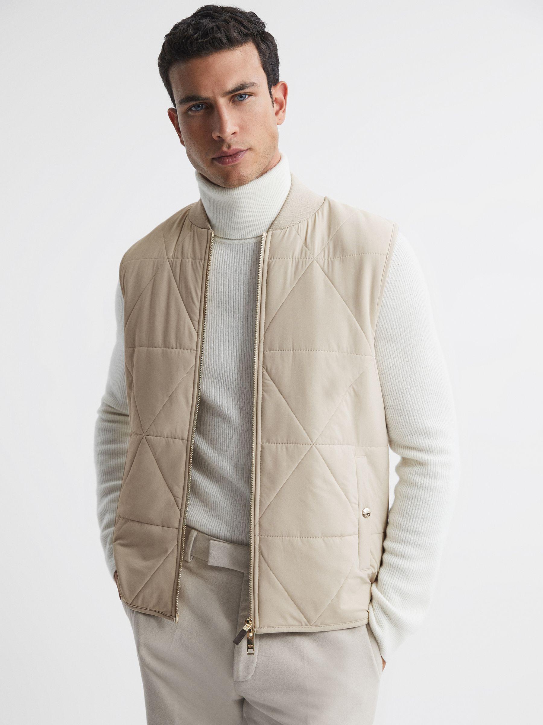 Hybrid Knitted-Quilted Sleeveless Jacket in Stone Product Image