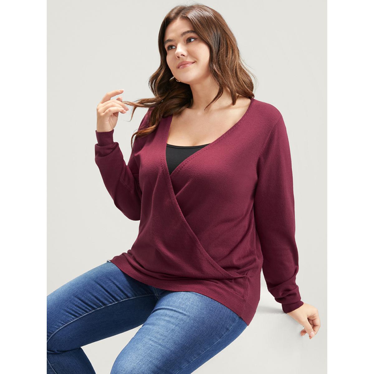 Plus Size Solid Super Soft Knit Surplice Neck Knit Top Scarlet Women Casual Long Sleeve Dailywear Pullovers BloomChic 26/4X Product Image