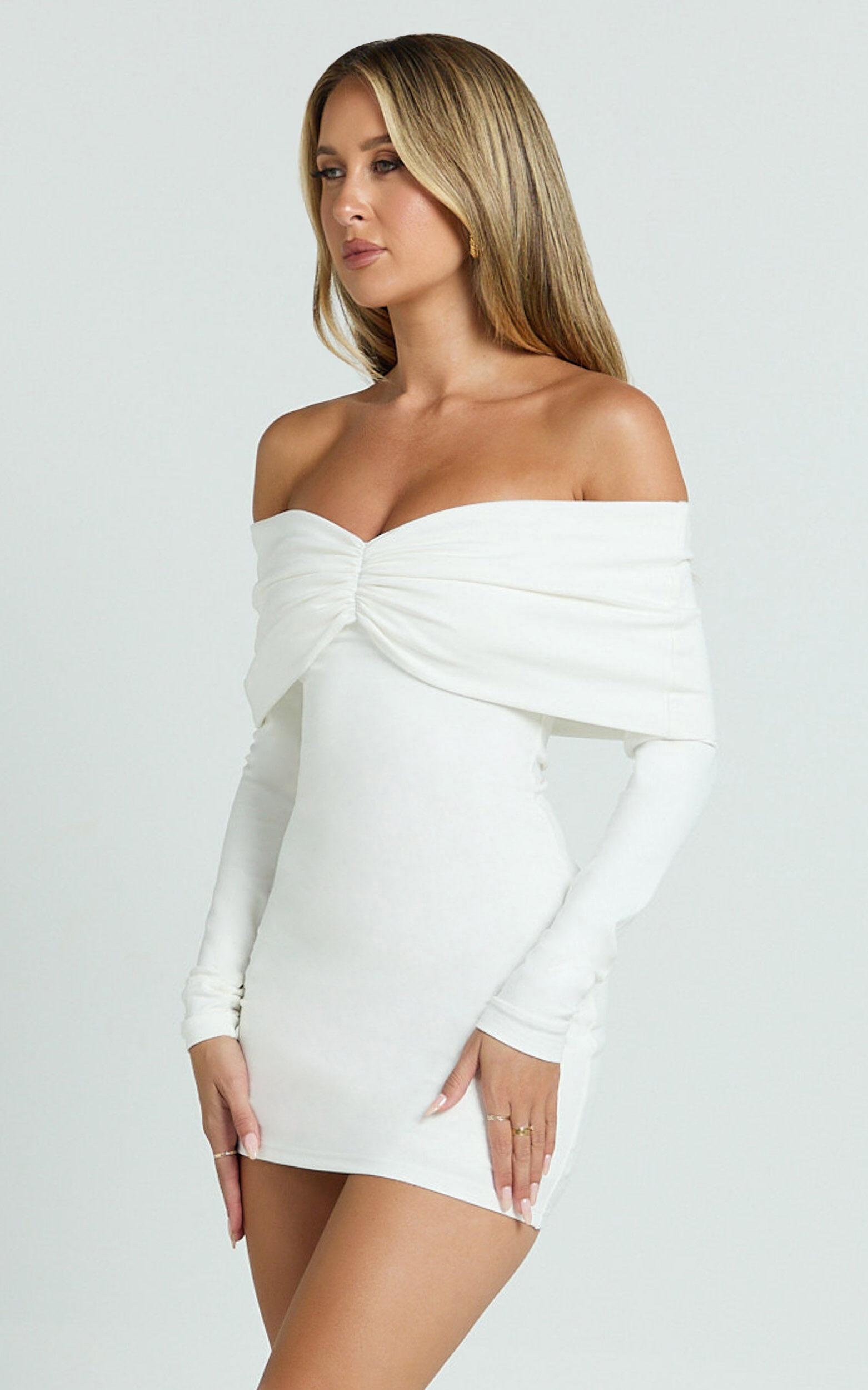 Rani Mini Dress - Off Shoulder Long Sleeve Bodycon Dress in Off White Product Image