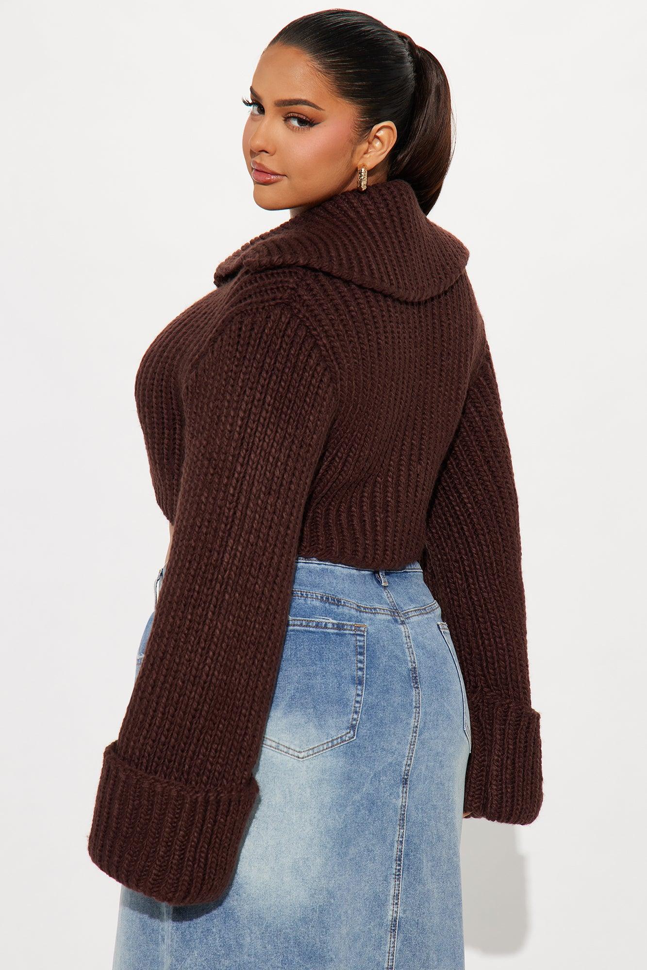 Downtown Chunky Knit Cropped Cardigan - Chocolate Product Image