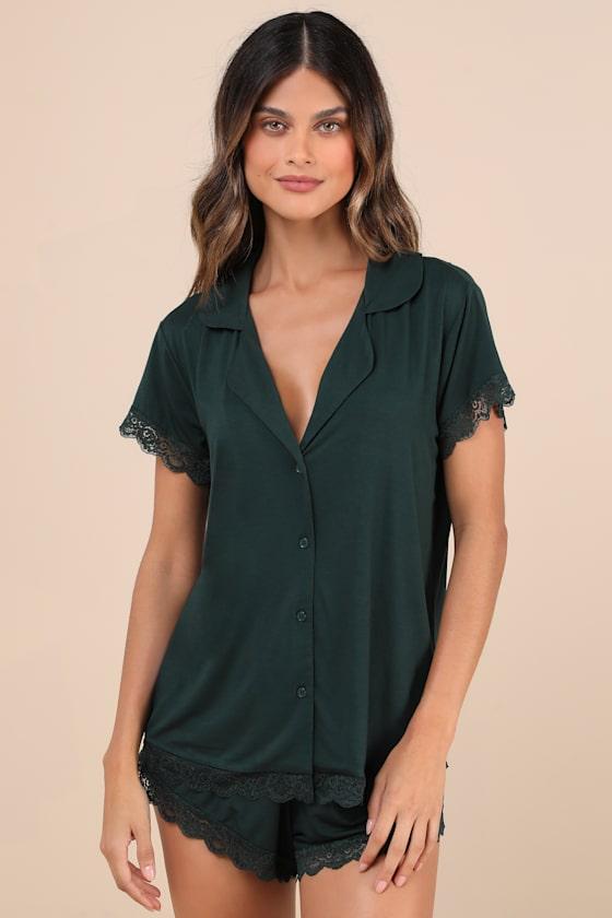 Snuggly Love Dark Green Short Sleeve Lace Two-Piece Pajama Set Product Image