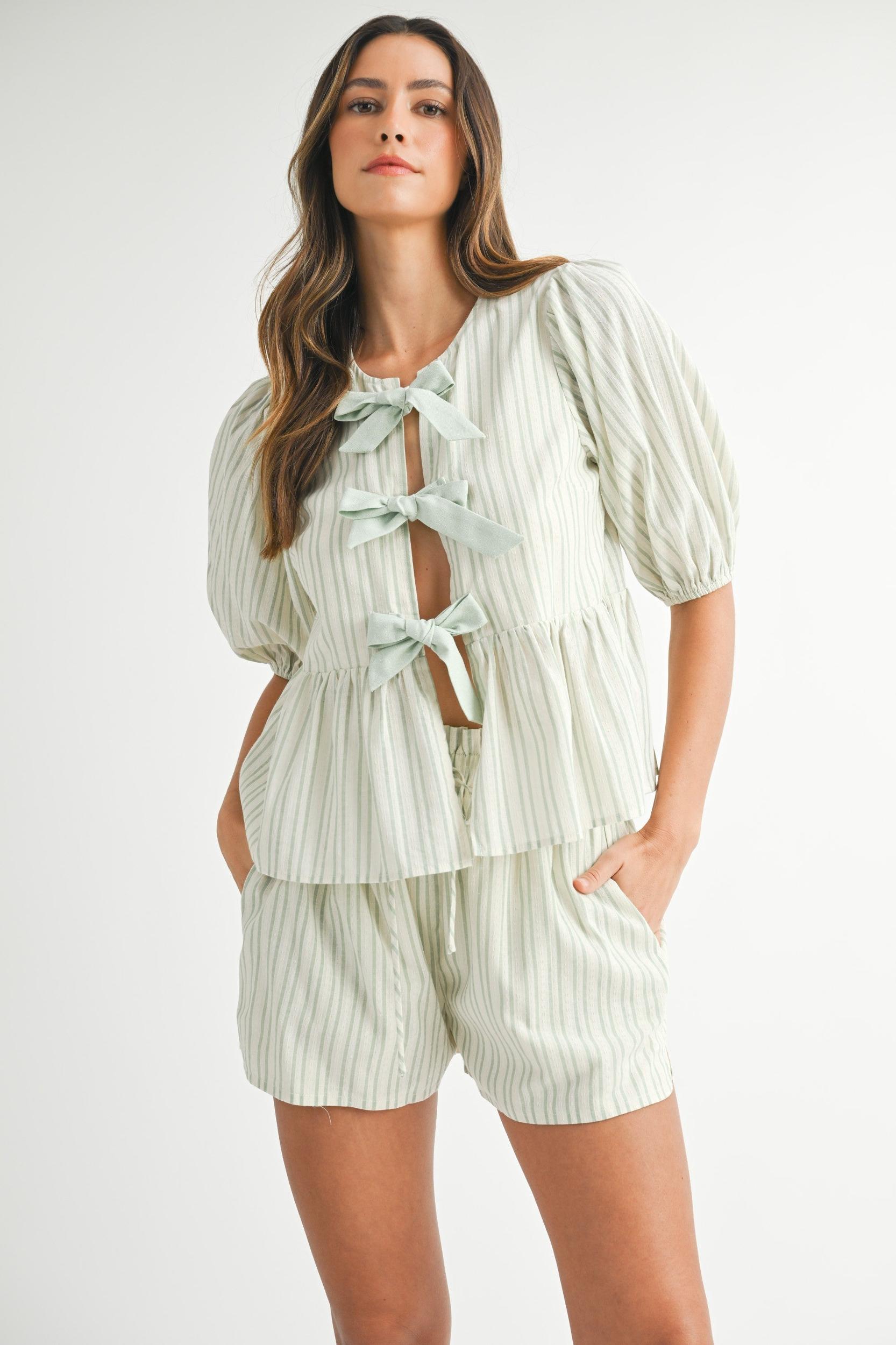 Bow Tie Front Puff Sleeve Peplum Top & Shorts Set Product Image