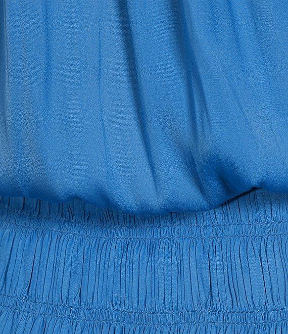 Current Air Solid Split Ruffle Neck Sleeveless Pleated Tiered Mini Dress Product Image