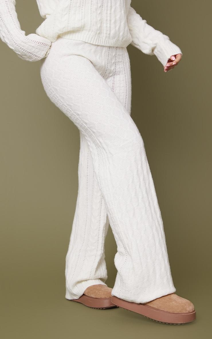 Cream Contrast Cable Knit Pants Product Image