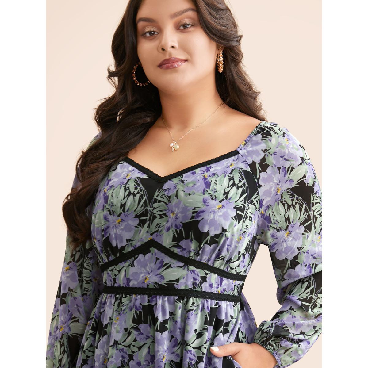 Plus Size Heart Neckline Floral Contrast Webbing Dress BlackFlower Women Elegant Woven ribbon&lace trim Heart neckline Long Sleeve Curvy BloomChic 28/5X Product Image