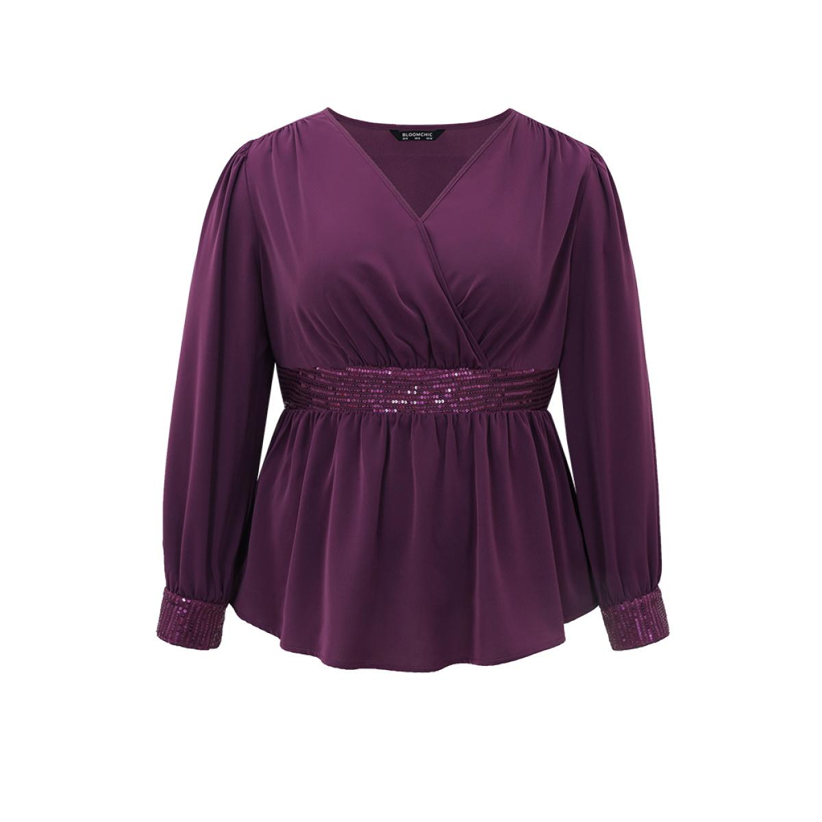 Plus Size Purple Plain Sequin Patchwork Overlap Collar Gathered Blouse Women Glamour Long Sleeve Overlap Collar Party Blouses BloomChic 26/4X Product Image