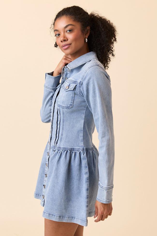 My Favorite Medium Wash Long Sleeve Button Front Mini Dress FINAL SALE Product Image