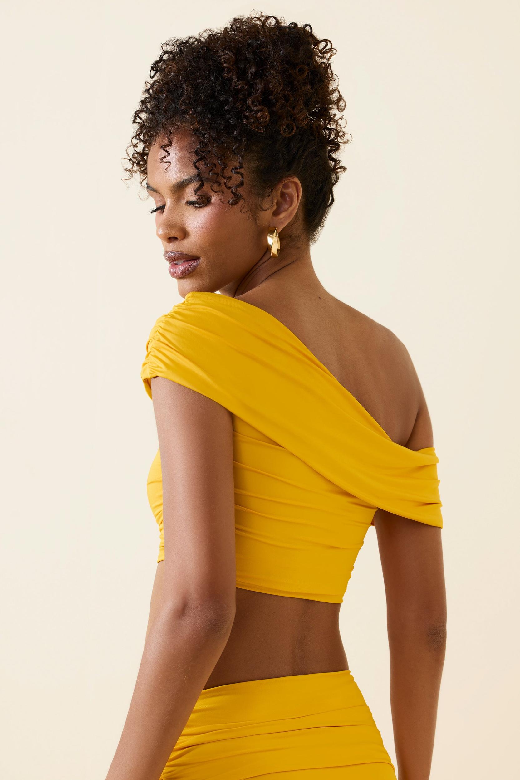 Asymmetric Ruched Off-Shoulder Crop Top in Golden Yellow Product Image