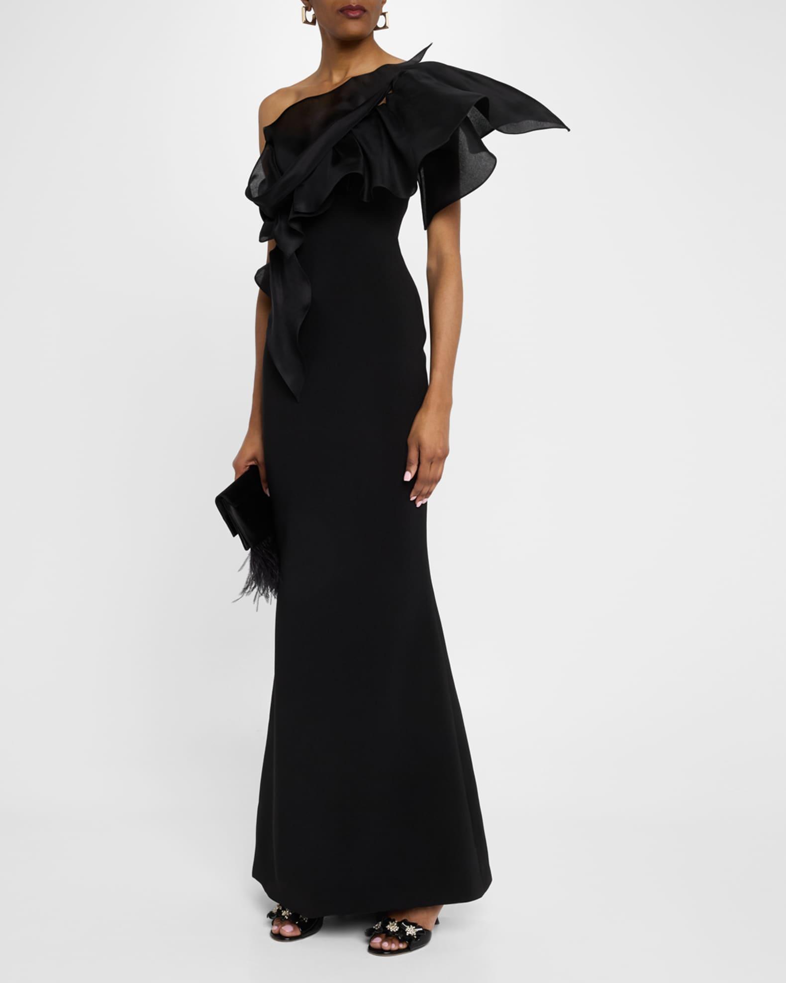 One-Shoulder Ruffle Stretch Crepe Gown Product Image