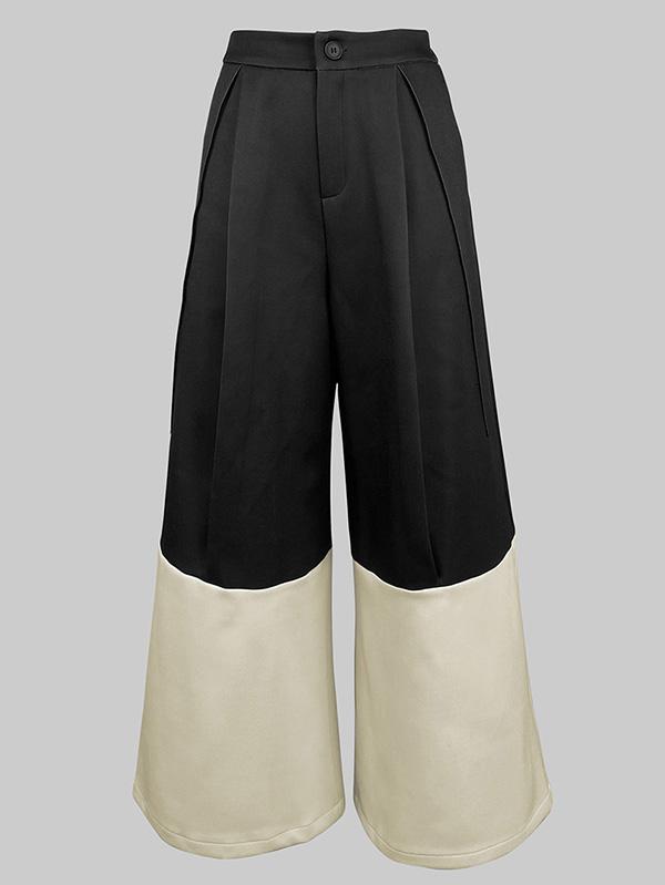 High Waisted Loose Contrast Color No Belt Pleated Pockets Pants Trousers Product Image