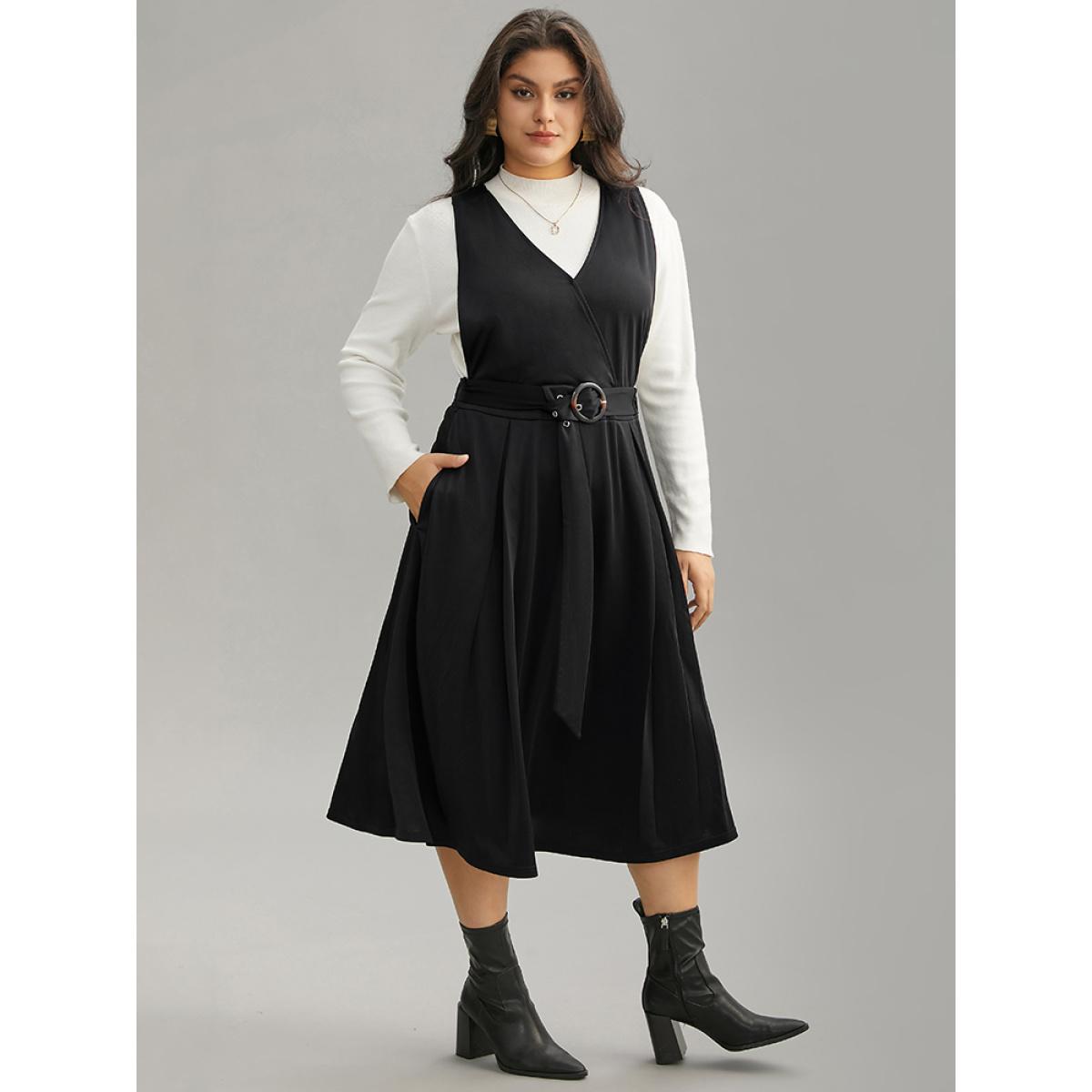 Plus Size Plain Buckle Detail Surplice Neck Tank Dress Black Women Elegant Wrap Overlap Collar Sleeveless Curvy Midi Dress BloomChic 22-24/3X Product Image