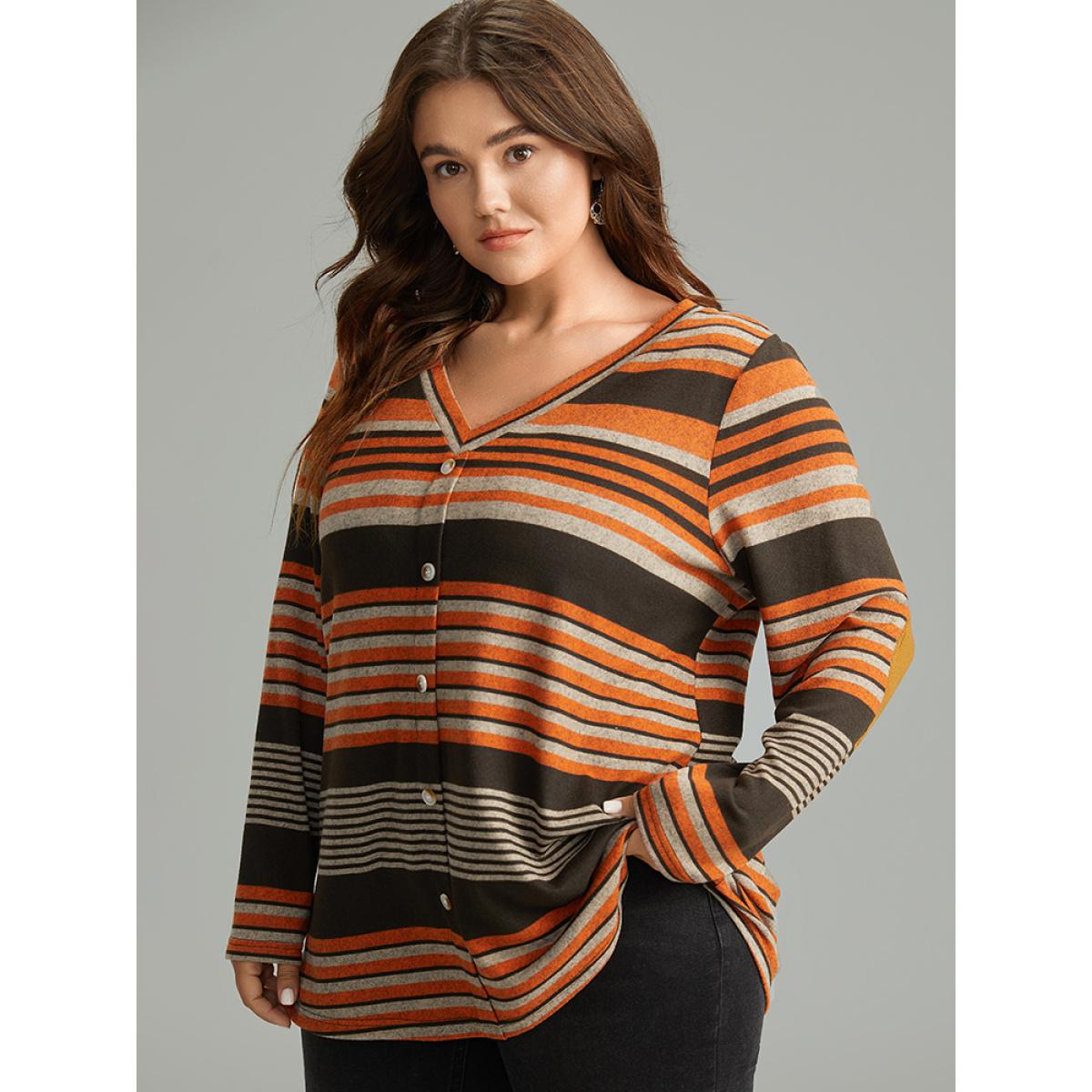 Plus Size Halloween Striped Contrast Button Detail T-shirt Multicolor Women Casual Contrast Striped V-neck Festival-Halloween T-shirts BloomChic 12/L Product Image