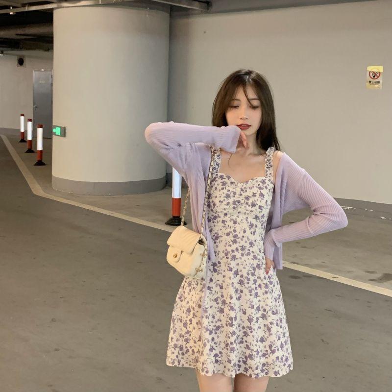 Spaghetti-Strap Floral Print Mini Dress / Cardigan Product Image