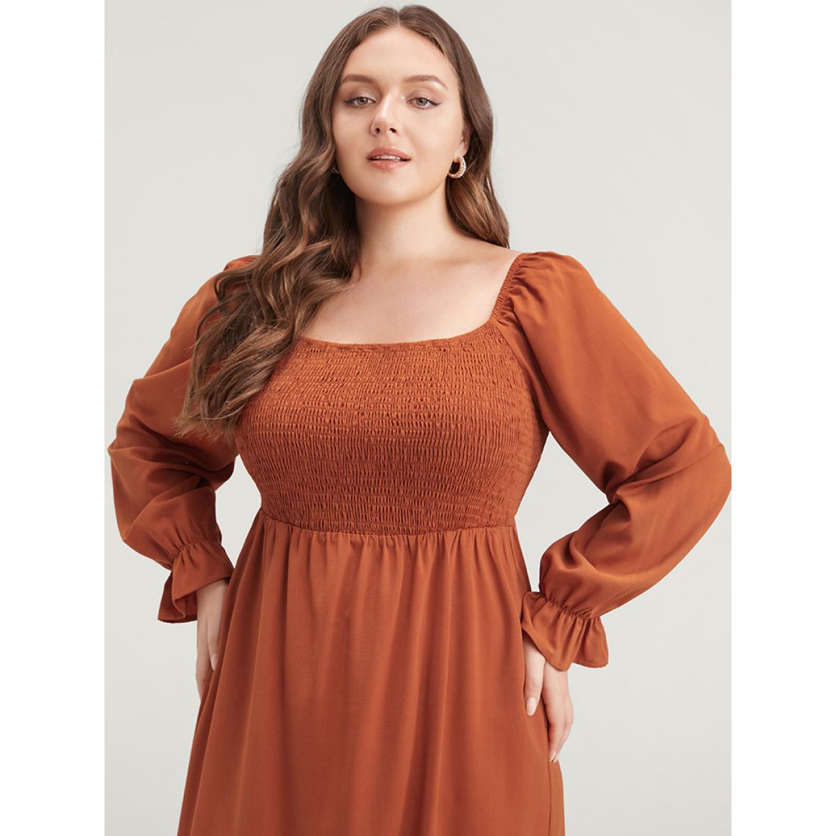 Plus Size Solid Shirred Square Neck Lantern Sleeve Split Hem Dress Rust Women Elegant Shirred Square Neck Long Sleeve Curvy Midi Dress BloomChic 22-24/3X Product Image