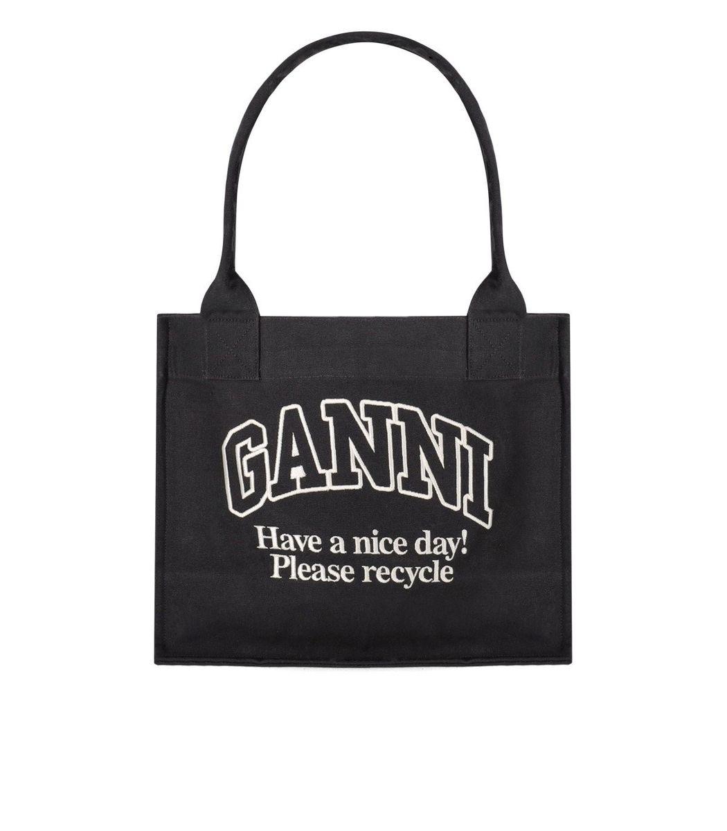 GANNI Black Shopper With Embroidered Logo On The Front In Denim Woman In Multicolor Product Image