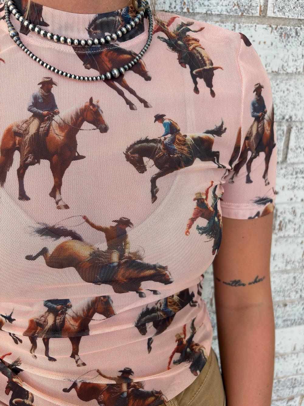 L&B Peach Horse Short Sleeve Mesh Top Product Image