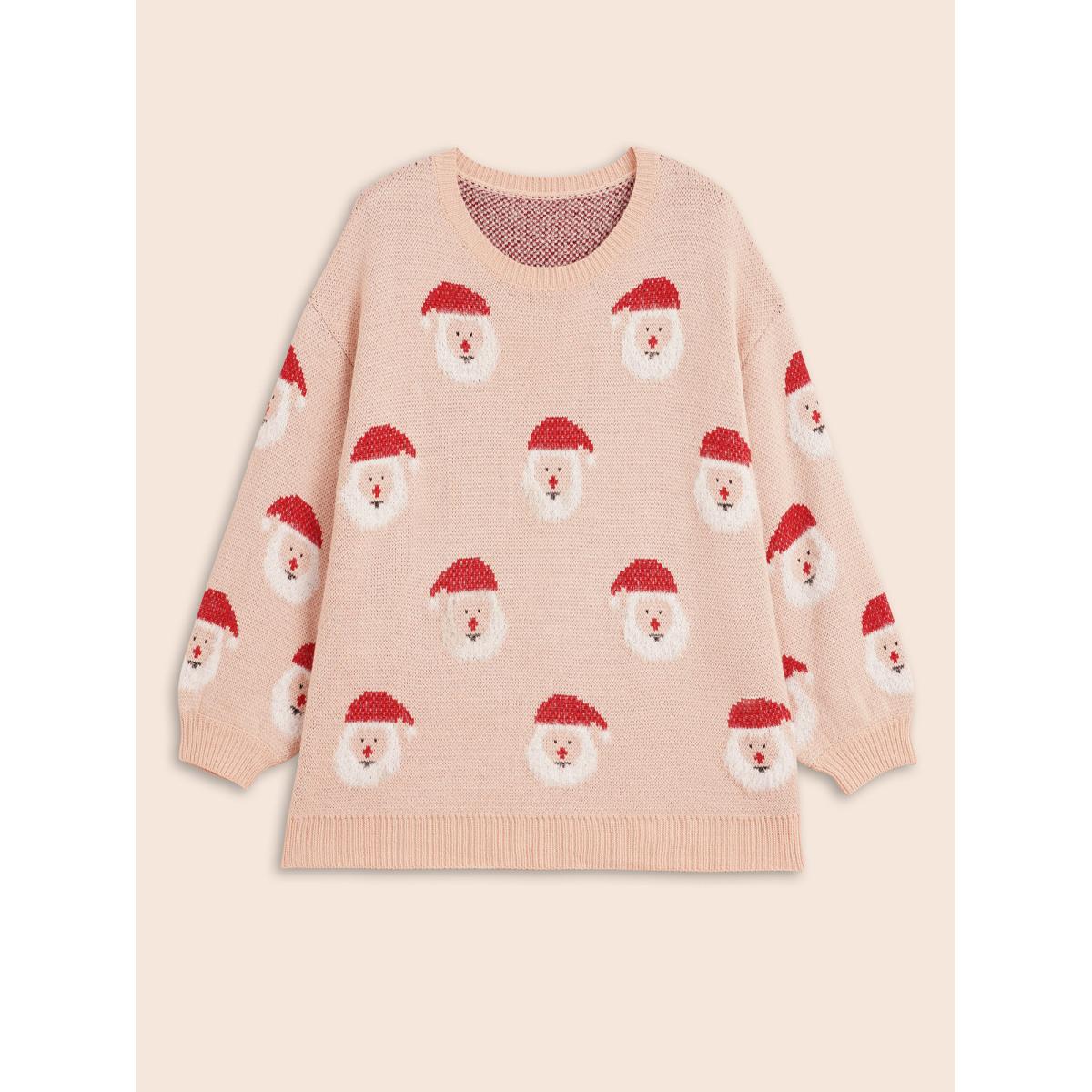 Plus Size Holiday Printed Balloon Sleeves Pullover Nudepink Women Casual Loose Long Sleeve Round Neck Everyday Pullovers BloomChic 12/L Product Image